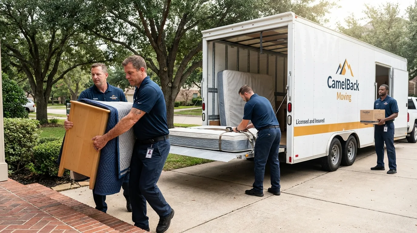Crew loading residential truck for cross-state move from Richgrove, CA