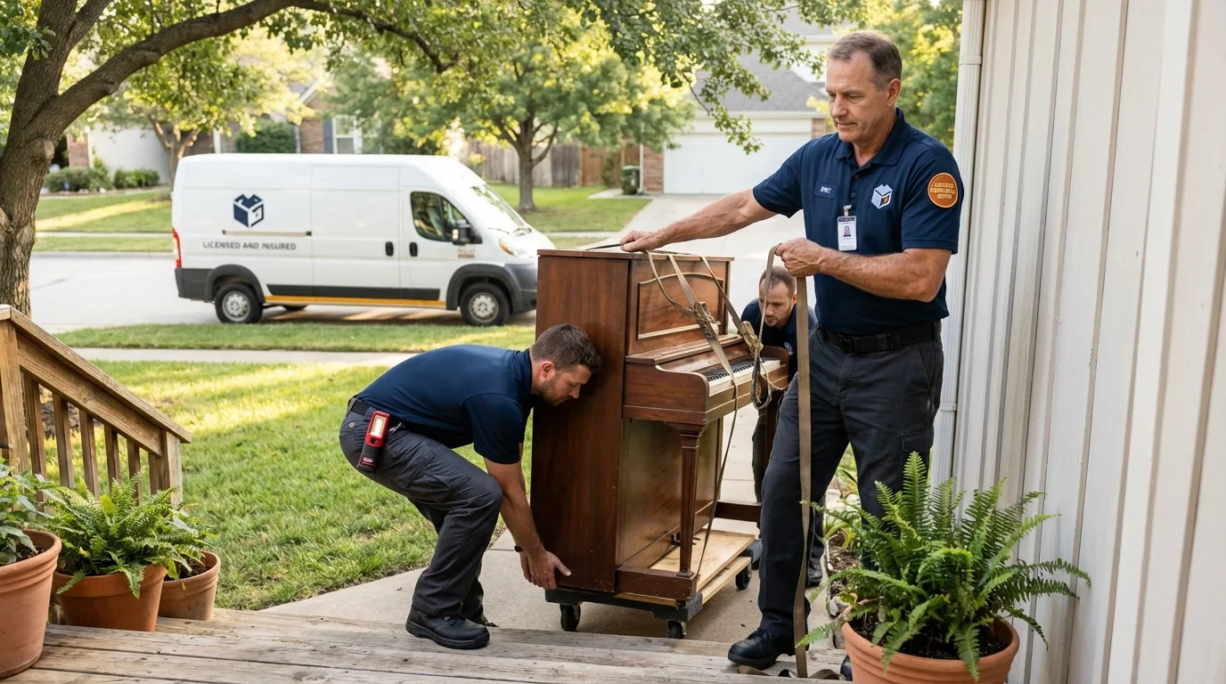Licensed piano movers securing grand piano in Richgrove, CA