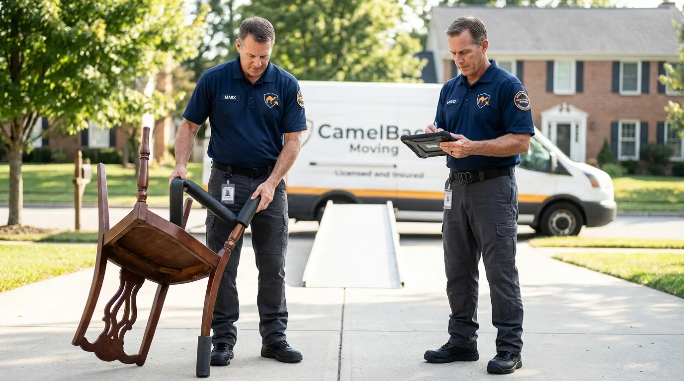 Movers inspecting furniture for damage prevention before loading in Richgrove, CA