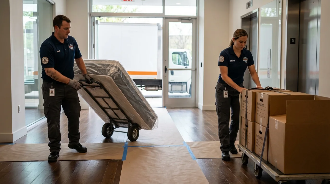 Professional apartment movers loading elevator in Richgrove, CA