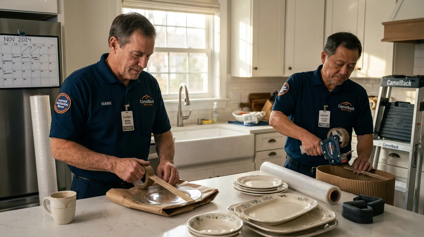 Professional crew packing kitchen dishware in Richgrove, CA